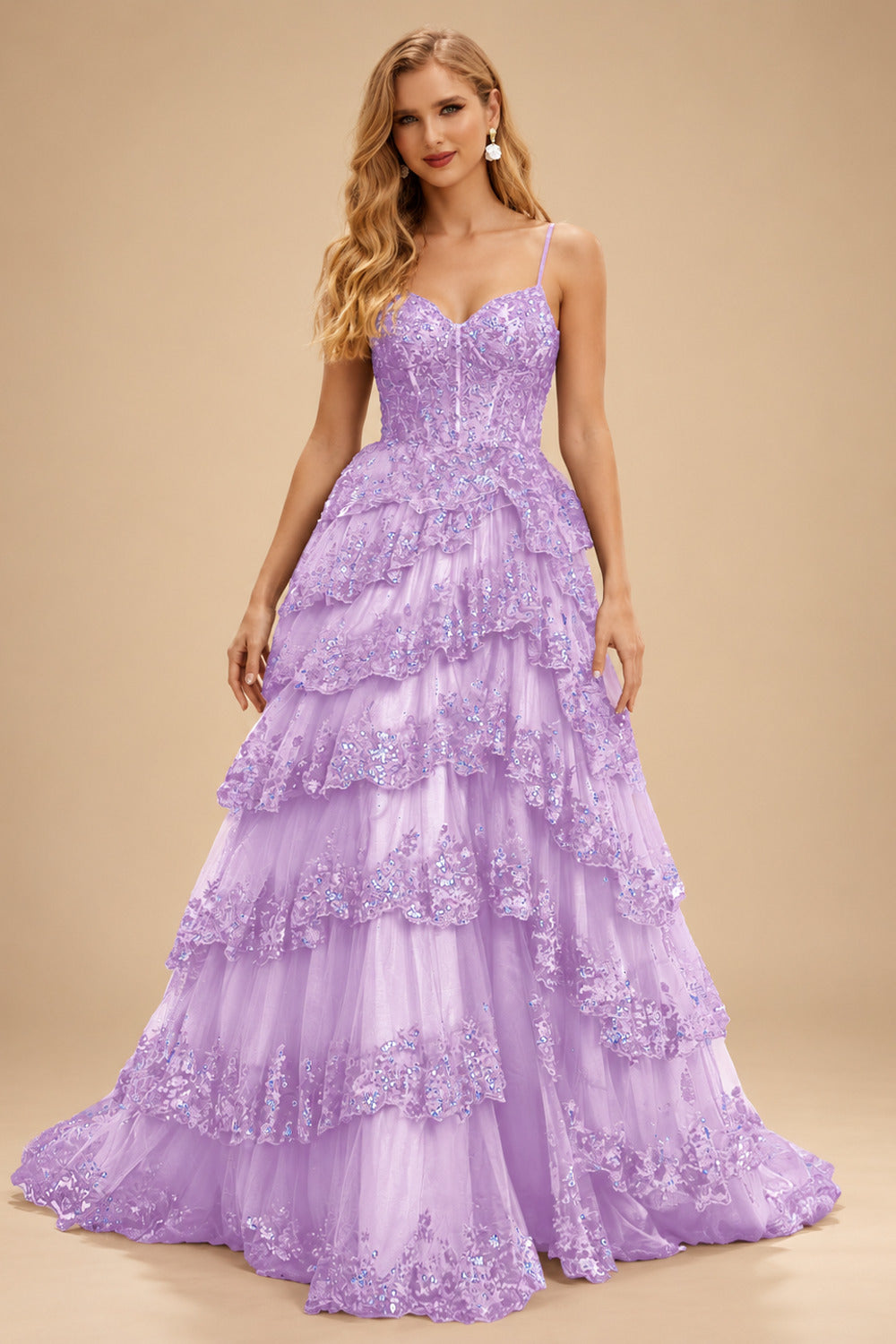 Rutipo Lilac A-line Corset Tiered Ruffle Slit Prom Dress with Appliqued Sequins