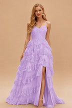 Rutipo Lilac A-line Corset Tiered Ruffle Slit Prom Dress with Appliqued Sequins