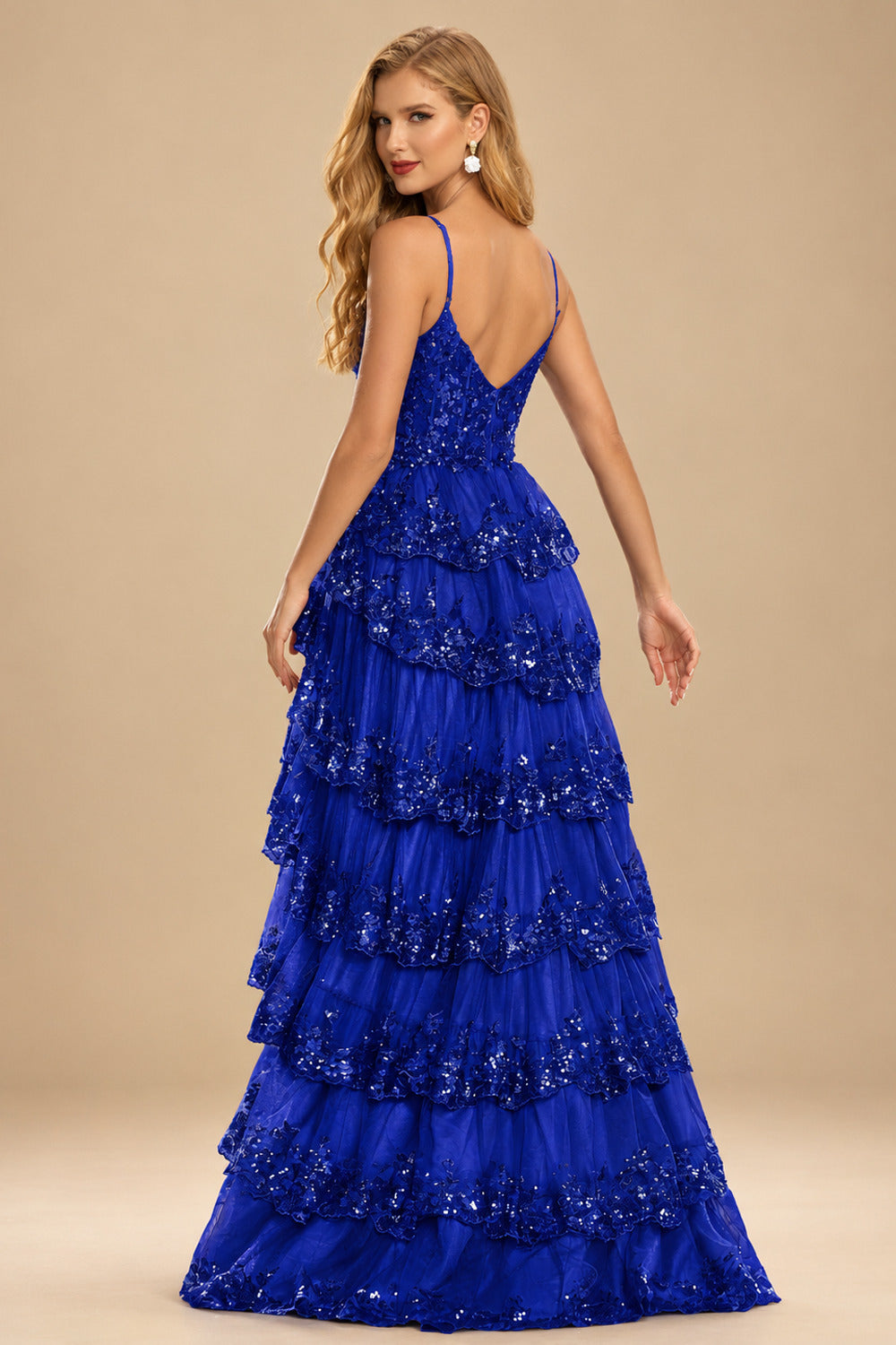 Rutipo Royal Blue A-line Corset Tiered Ruffle Slit Prom Dress with Appliqued Sequins