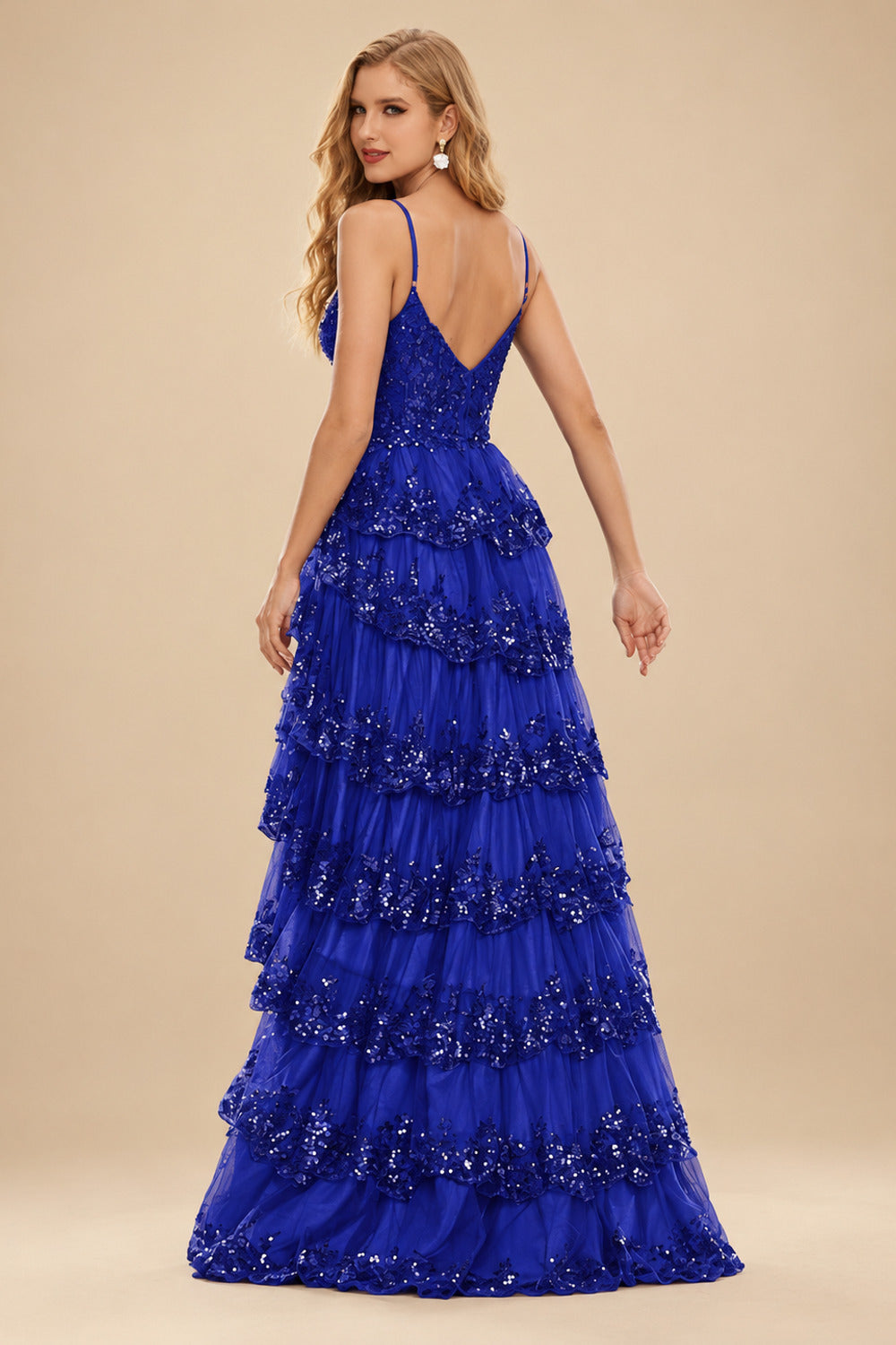 Rutipo Royal Blue A-line Corset Tiered Ruffle Slit Prom Dress with Appliqued Sequins