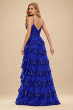 Rutipo Royal Blue A-line Corset Tiered Ruffle Slit Prom Dress with Appliqued Sequins