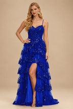 Rutipo Royal Blue A-line Corset Tiered Ruffle Slit Prom Dress with Appliqued Sequins