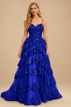 Rutipo Royal Blue A-line Corset Tiered Ruffle Slit Prom Dress with Appliqued Sequins