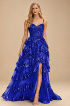 Rutipo Royal Blue A-line Corset Tiered Ruffle Slit Prom Dress with Appliqued Sequins
