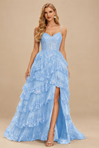 Rutipo Sky Blue A-line Corset Tiered Ruffle Slit Prom Dress with Appliqued Sequins