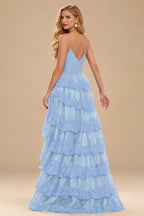 Rutipo Sky Blue A-line Corset Tiered Ruffle Slit Prom Dress with Appliqued Sequins