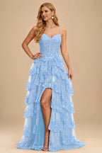 Rutipo Sky Blue A-line Corset Tiered Ruffle Slit Prom Dress with Appliqued Sequins