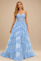 Rutipo Sky Blue A-line Corset Tiered Ruffle Slit Prom Dress with Appliqued Sequins