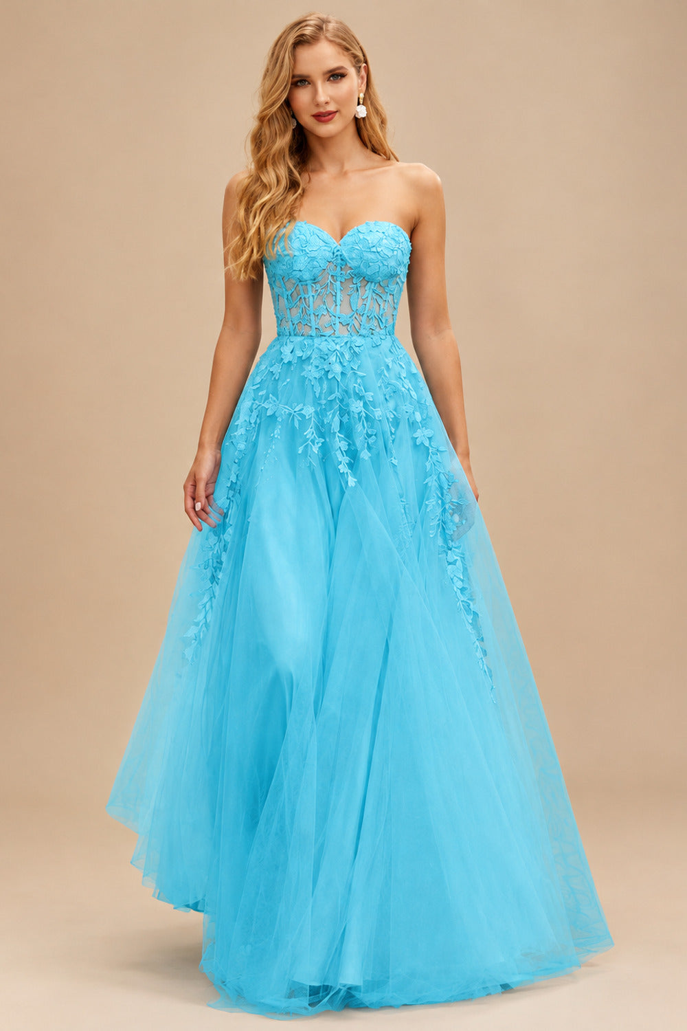 Rutipo Blue A-line Strapless Corset Tulle Floor-Length Prom Dress with Leaf Lace