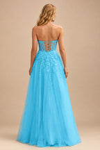 Rutipo Blue A-line Strapless Corset Tulle Floor-Length Prom Dress with Leaf Lace