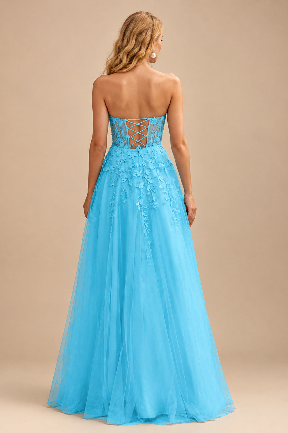 Rutipo Blue A-line Strapless Corset Tulle Floor-Length Prom Dress with Leaf Lace