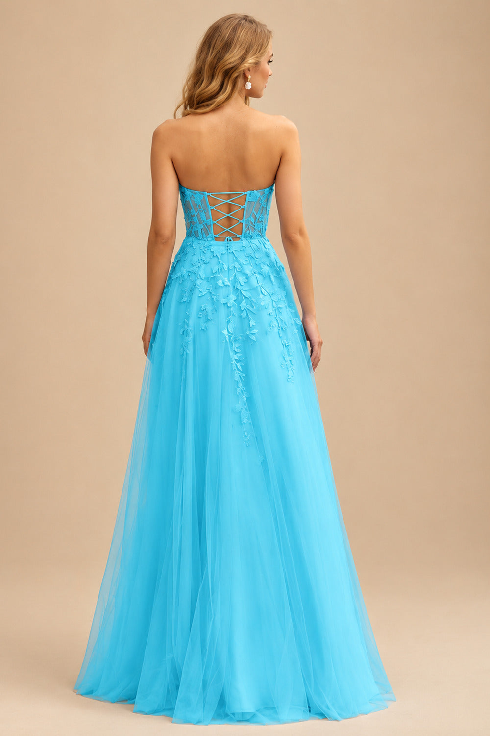 Rutipo Blue A-line Strapless Corset Tulle Floor-Length Prom Dress with Leaf Lace