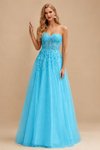 Rutipo Blue A-line Strapless Corset Tulle Floor-Length Prom Dress with Leaf Lace