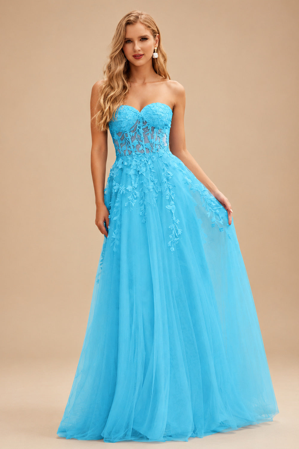 Rutipo Blue A-line Strapless Corset Tulle Floor-Length Prom Dress with Leaf Lace