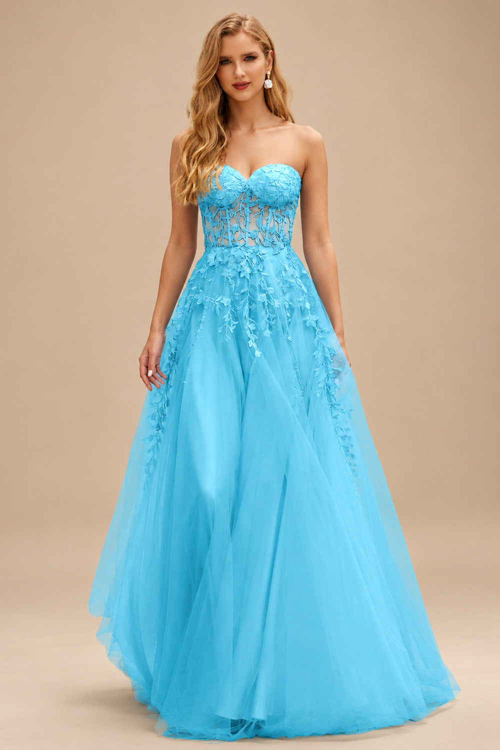 Rutipo Blue A-line Strapless Corset Tulle Floor-Length Prom Dress with Leaf Lace