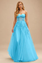Rutipo Blue A-line Strapless Corset Tulle Floor-Length Prom Dress with Leaf Lace