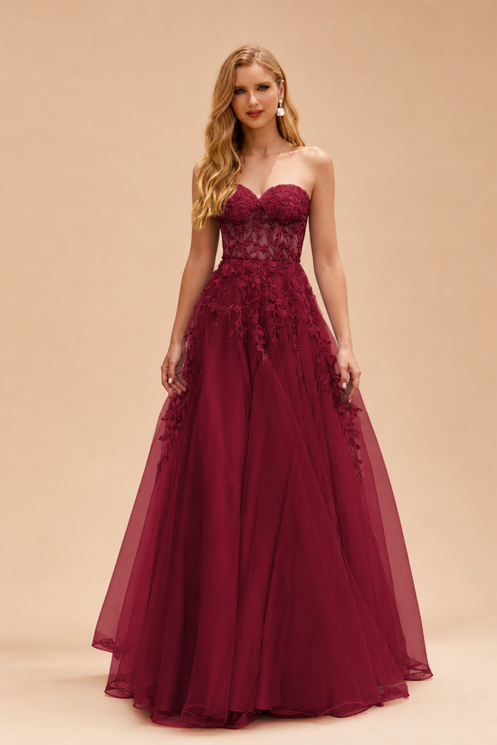 Rutipo Burgundy A-line Strapless Corset Tulle Floor-Length Prom Dress with Leaf Lace