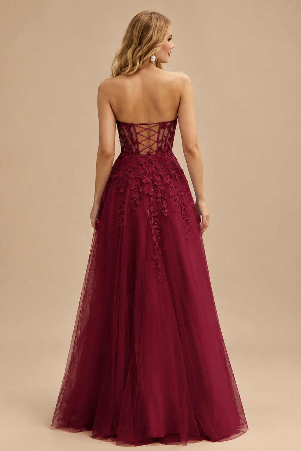 Rutipo Burgundy A-line Strapless Corset Tulle Floor-Length Prom Dress with Leaf Lace