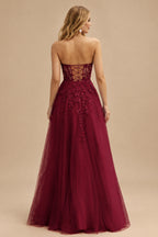 Rutipo Burgundy A-line Strapless Corset Tulle Floor-Length Prom Dress with Leaf Lace