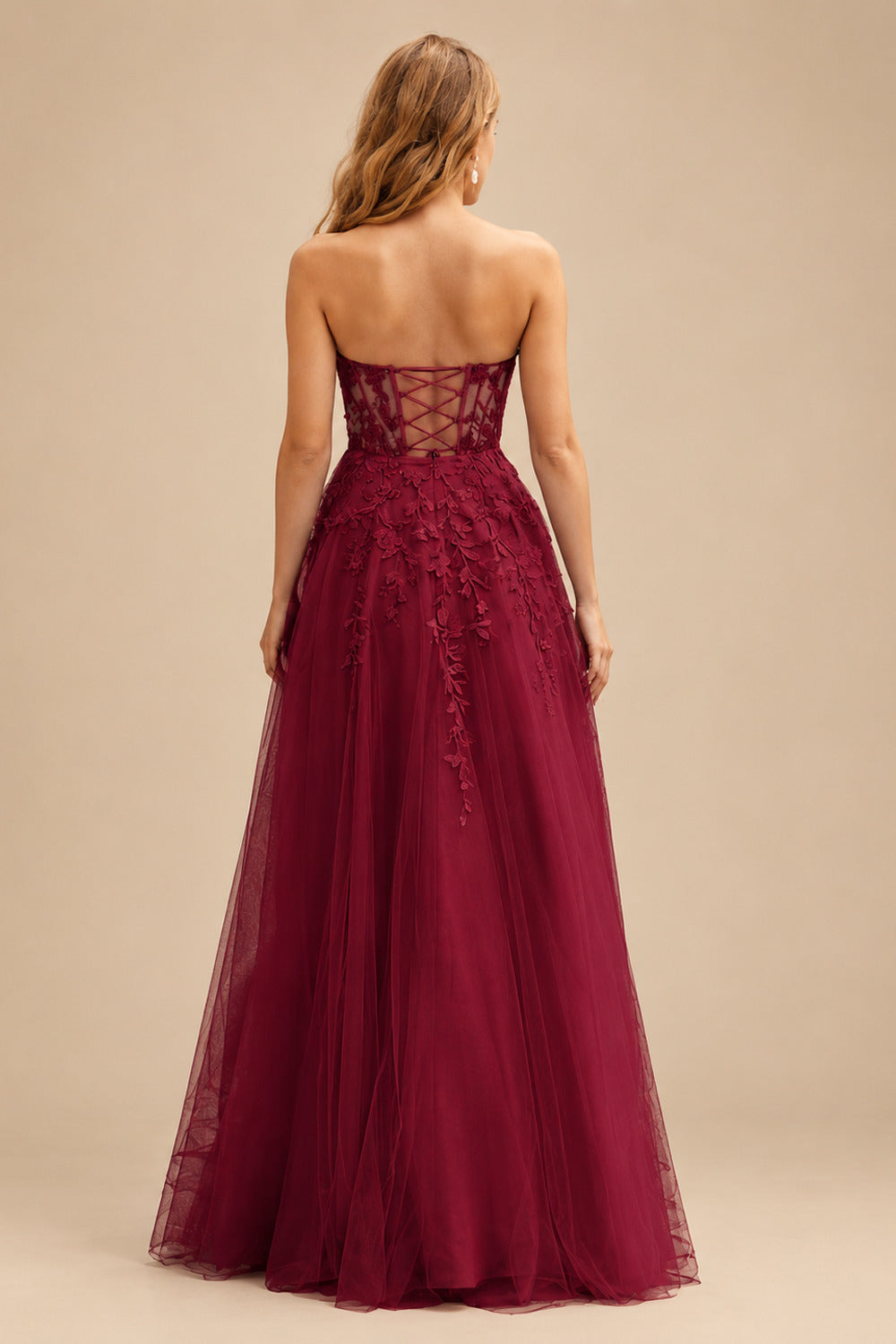 Rutipo Burgundy A-line Strapless Corset Tulle Floor-Length Prom Dress with Leaf Lace