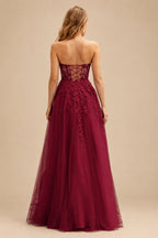 Rutipo Burgundy A-line Strapless Corset Tulle Floor-Length Prom Dress with Leaf Lace