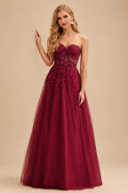 Rutipo Burgundy A-line Strapless Corset Tulle Floor-Length Prom Dress with Leaf Lace
