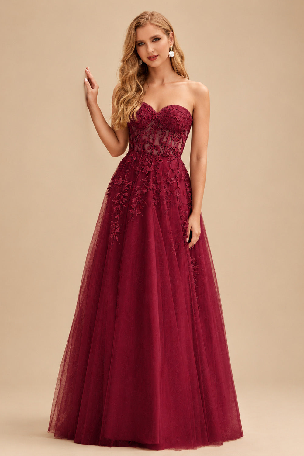 Rutipo Burgundy A-line Strapless Corset Tulle Floor-Length Prom Dress with Leaf Lace