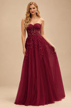 Rutipo Burgundy A-line Strapless Corset Tulle Floor-Length Prom Dress with Leaf Lace