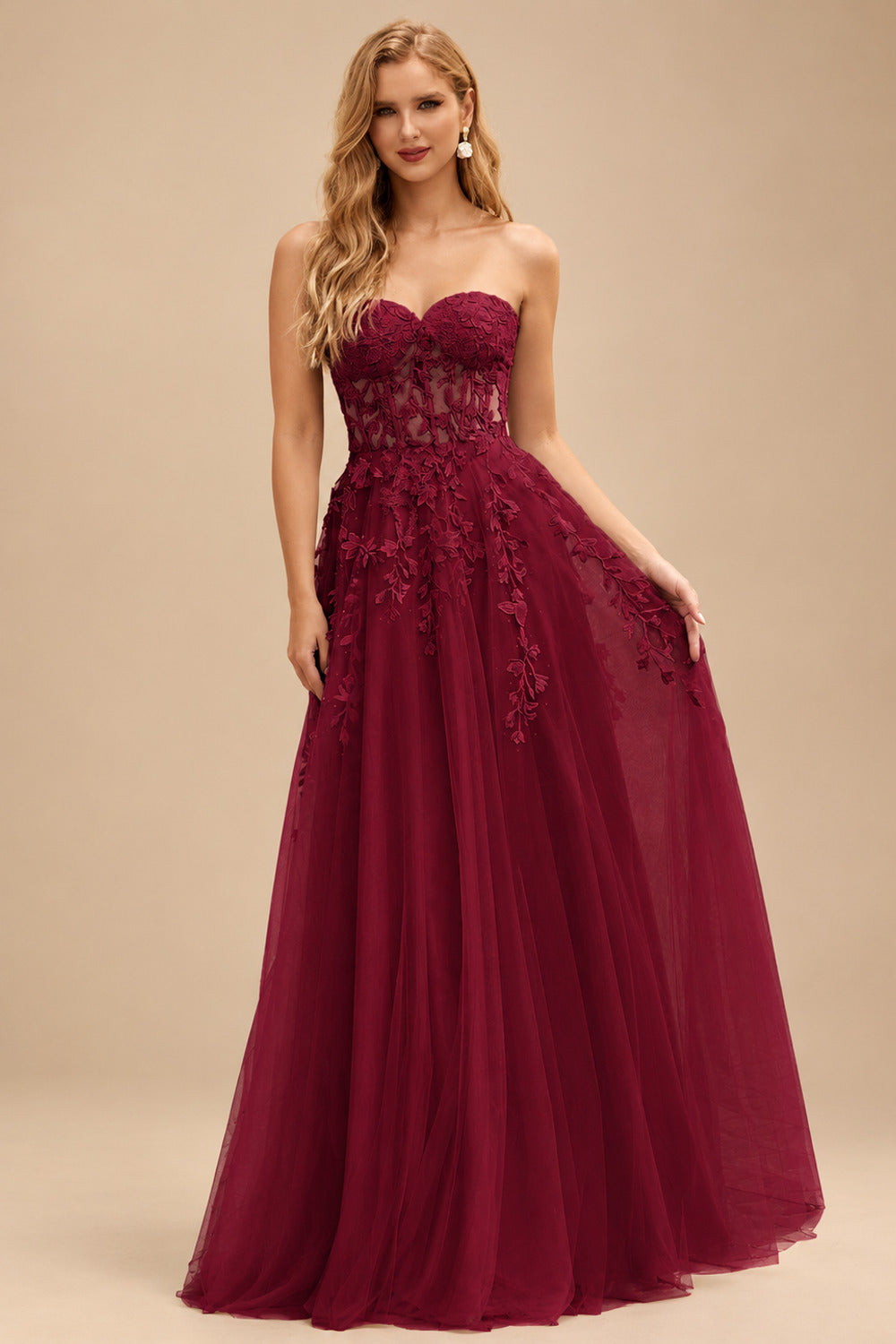 Rutipo Burgundy A-line Strapless Corset Tulle Floor-Length Prom Dress with Leaf Lace