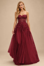 Rutipo Burgundy A-line Strapless Corset Tulle Floor-Length Prom Dress with Leaf Lace
