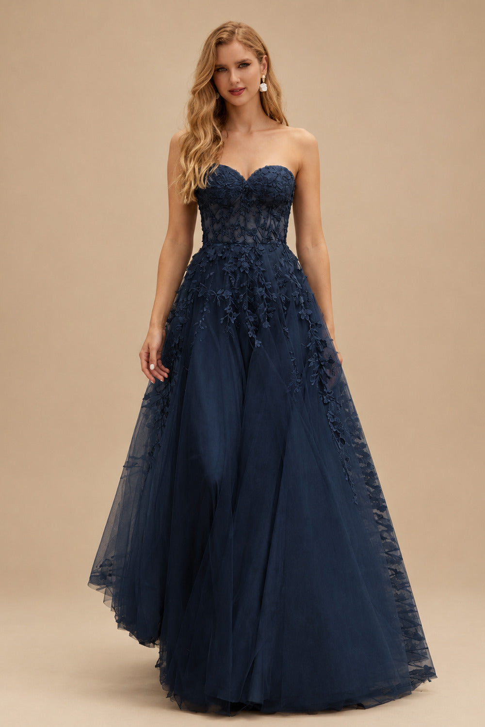 Rutipo Dark Navy A-line Strapless Corset Tulle Floor-Length Prom Dress with Leaf Lace