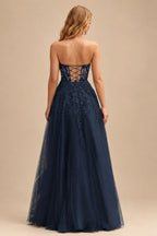 Rutipo Dark Navy A-line Strapless Corset Tulle Floor-Length Prom Dress with Leaf Lace