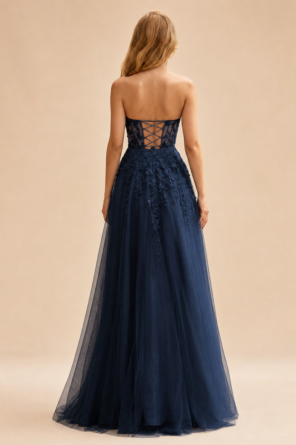 Rutipo Dark Navy A-line Strapless Corset Tulle Floor-Length Prom Dress with Leaf Lace