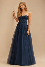 Rutipo Dark Navy A-line Strapless Corset Tulle Floor-Length Prom Dress with Leaf Lace