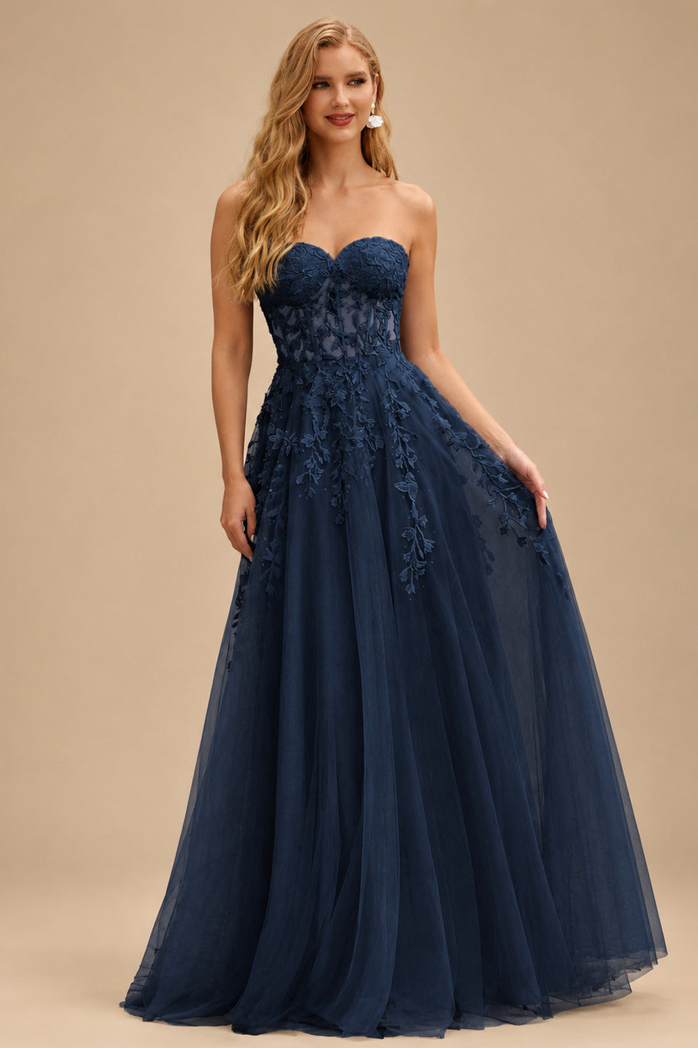 Rutipo Dark Navy A-line Strapless Corset Tulle Floor-Length Prom Dress with Leaf Lace