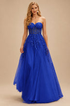 Rutipo Royal Blue A-line Strapless Corset Tulle Floor-Length Prom Dress with Leaf Lace