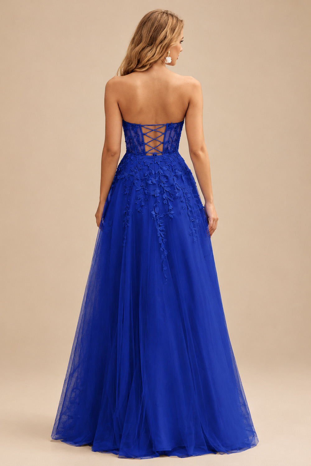 Rutipo Royal Blue A-line Strapless Corset Tulle Floor-Length Prom Dress with Leaf Lace