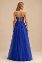 Rutipo Royal Blue A-line Strapless Corset Tulle Floor-Length Prom Dress with Leaf Lace