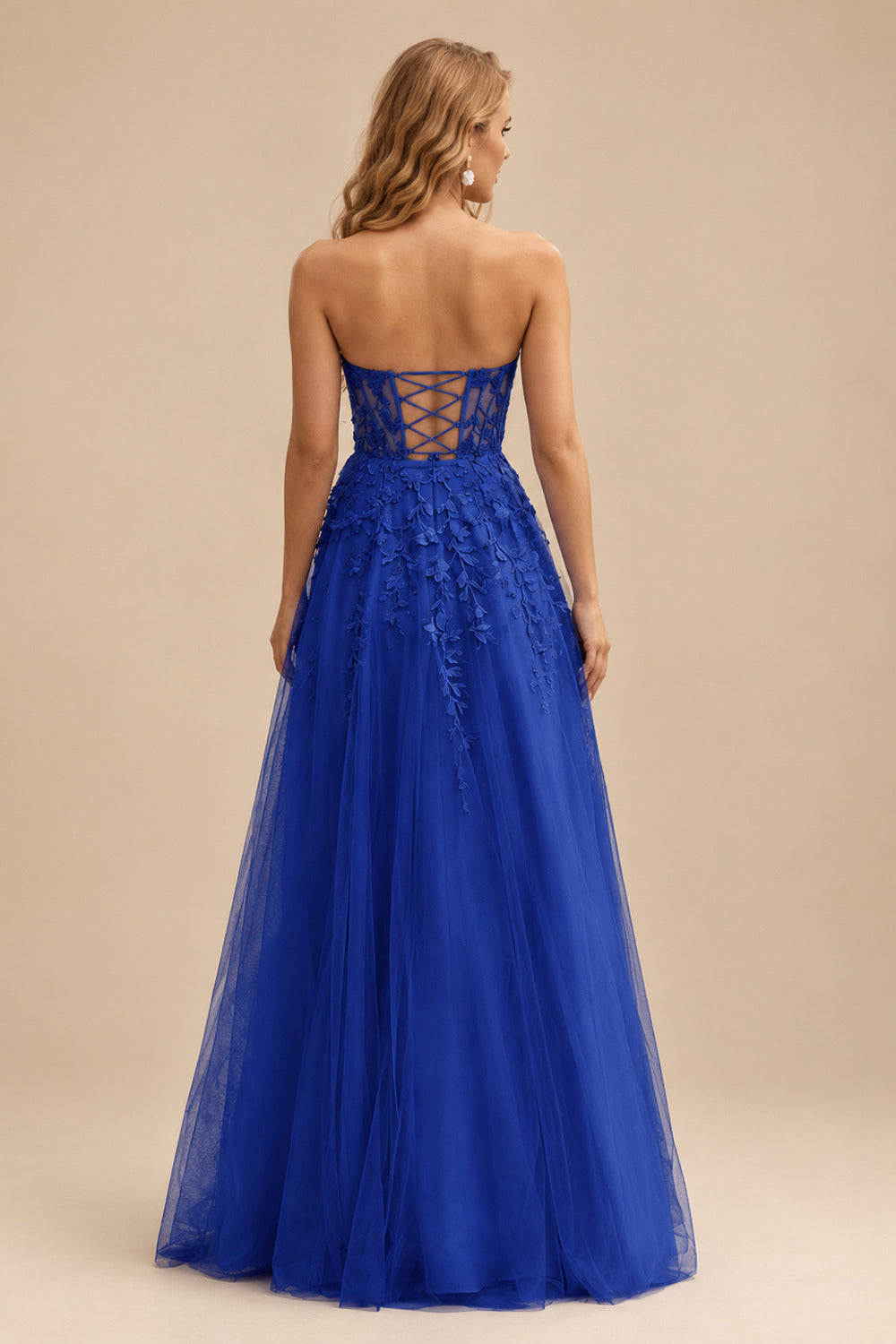 Rutipo Royal Blue A-line Strapless Corset Tulle Floor-Length Prom Dress with Leaf Lace