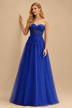 Rutipo Royal Blue A-line Strapless Corset Tulle Floor-Length Prom Dress with Leaf Lace