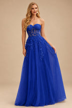 Rutipo Royal Blue A-line Strapless Corset Tulle Floor-Length Prom Dress with Leaf Lace