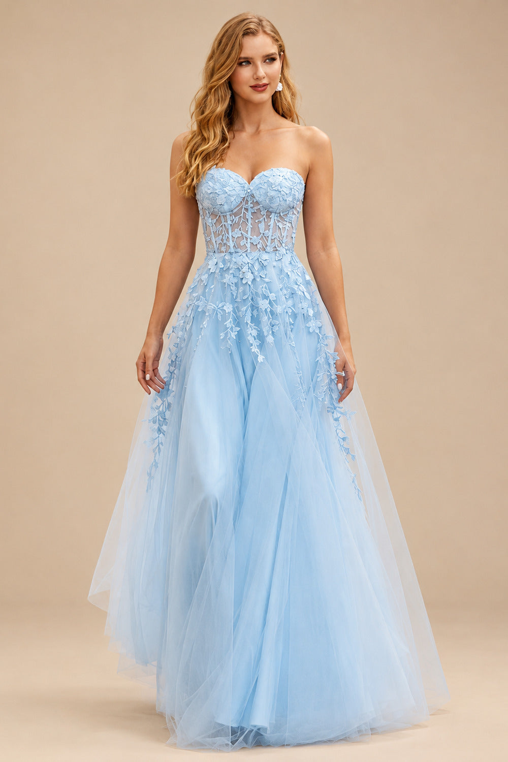 Rutipo Sky Blue A-line Strapless Corset Tulle Floor-Length Prom Dress with Leaf Lace