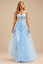 Rutipo Sky Blue A-line Strapless Corset Tulle Floor-Length Prom Dress with Leaf Lace