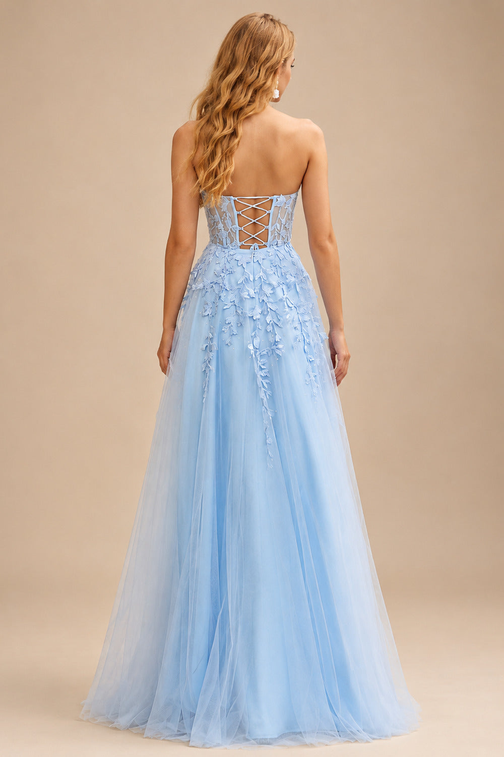 Rutipo Sky Blue A-line Strapless Corset Tulle Floor-Length Prom Dress with Leaf Lace