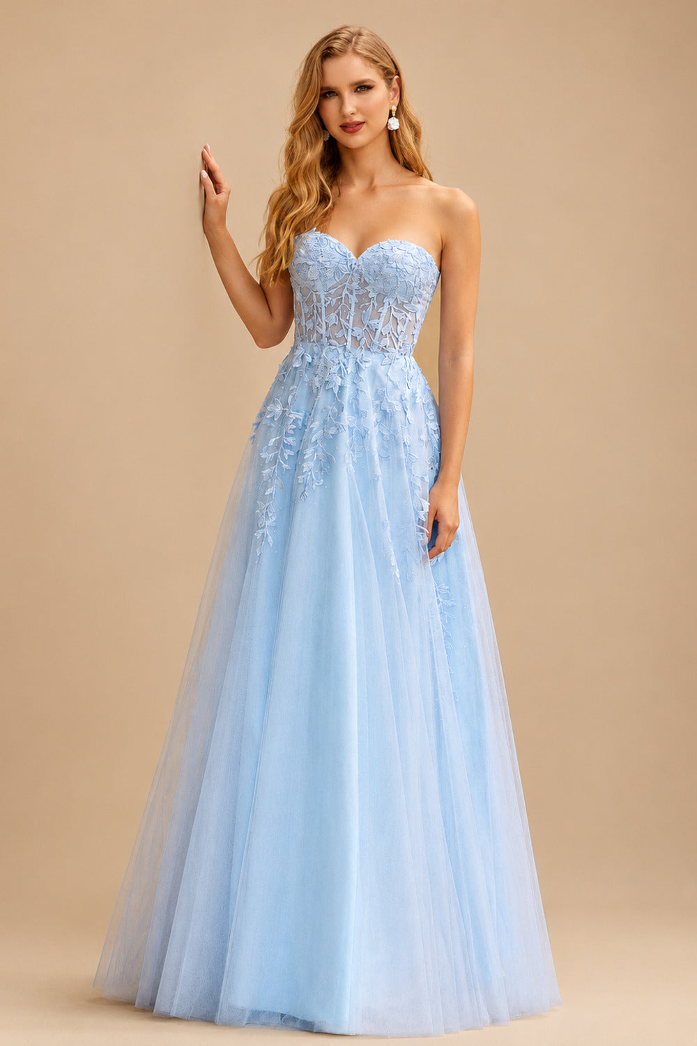 Rutipo Sky Blue A-line Strapless Corset Tulle Floor-Length Prom Dress with Leaf Lace
