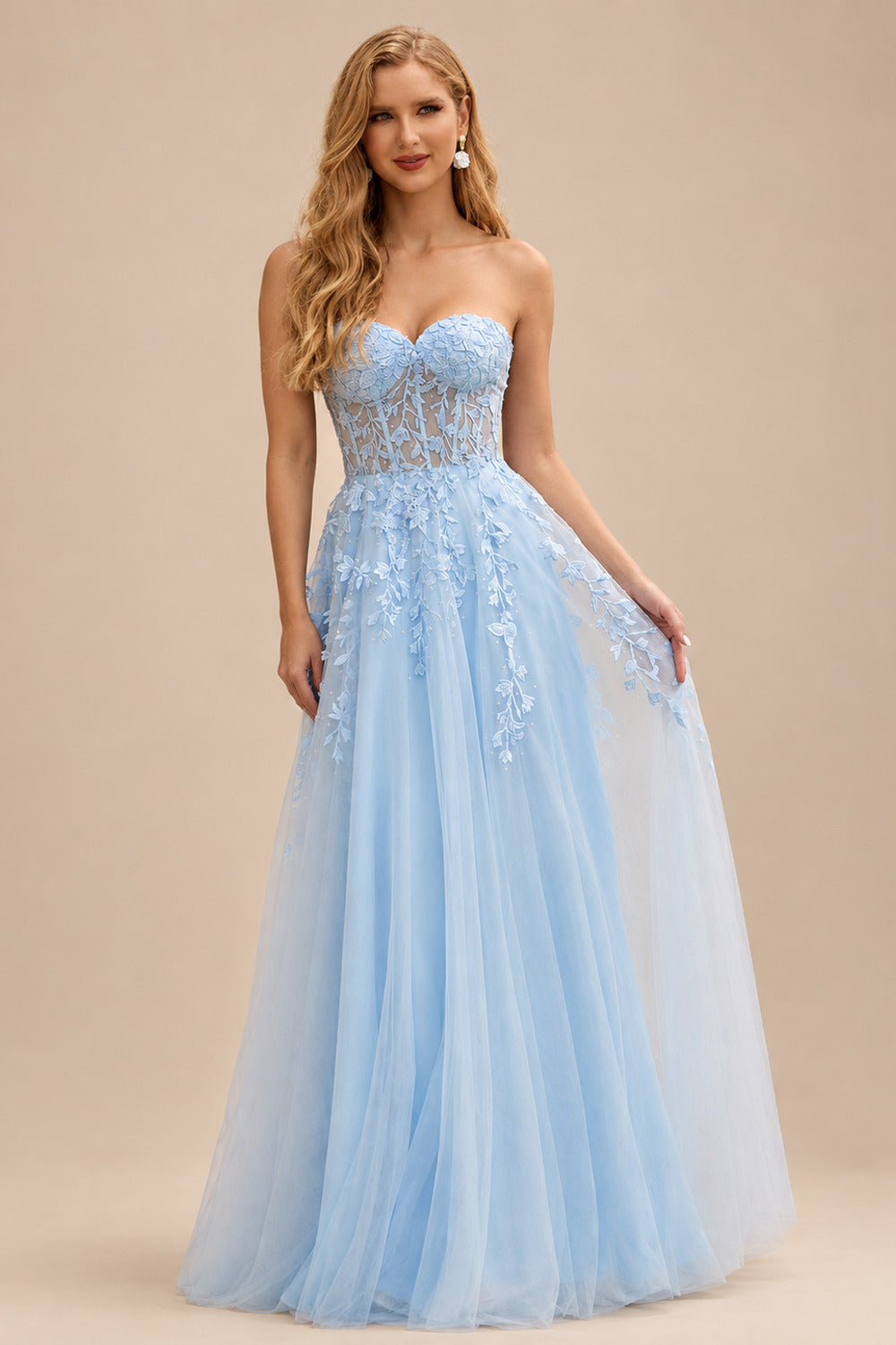 Rutipo Sky Blue A-line Strapless Corset Tulle Floor-Length Prom Dress with Leaf Lace