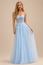 Rutipo Sky Blue A-line Strapless Corset Tulle Floor-Length Prom Dress with Leaf Lace