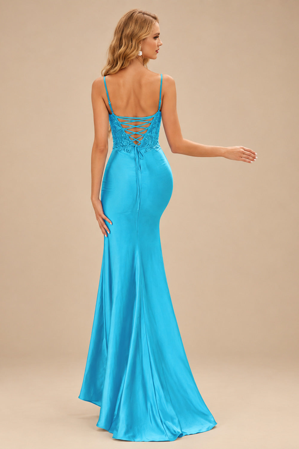 Rutipo Blue Mermaid V-neck Spaghetti Straps Sweep Train Prom Dress With Slit Appliqued
