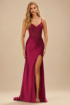 Rutipo Burgundy Mermaid V-neck Spaghetti Straps Sweep Train Prom Dress With Slit Appliqued