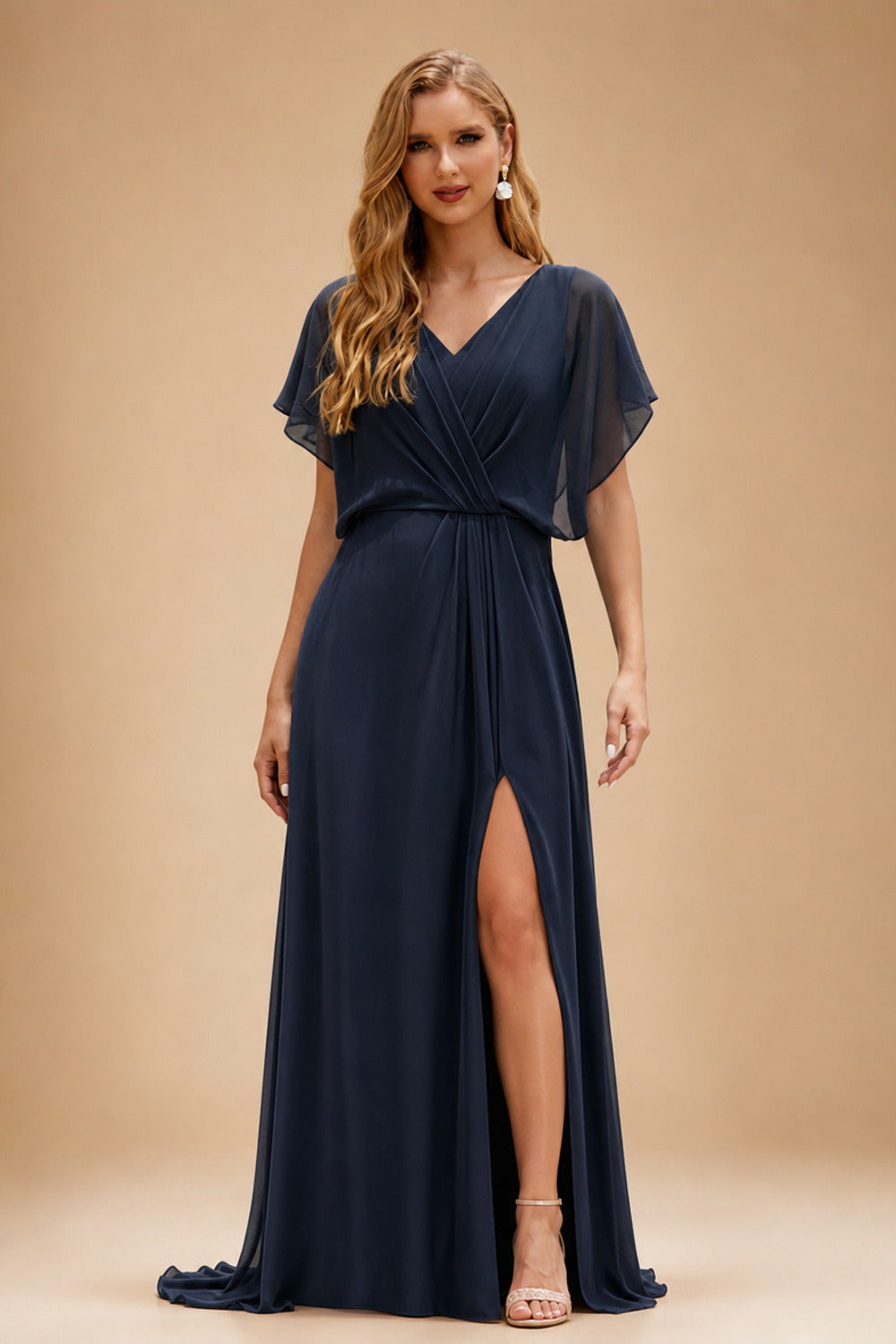 Rutipo Dark Navy Mermaid V-neck Spaghetti Straps Sweep Train Prom Dress With Slit Appliqued